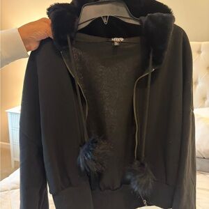 LOVE Black Faux-Fur Trim Zip Hoodie